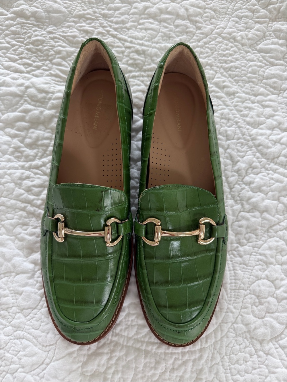 ANTONIO MELANI Green Croc-Embossed Leather Loafers with Gold Bit